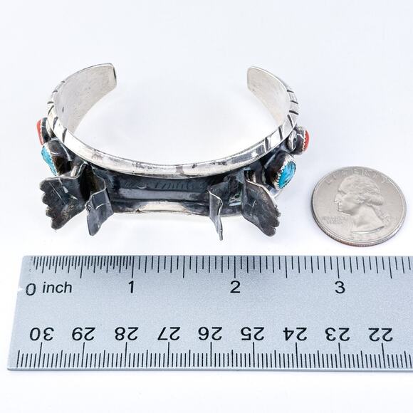 Vintage Milton Lasiloo Native Zuni Sterling Silver Turquoise Coral Watch Cuff 6" - Picture 12 of 12